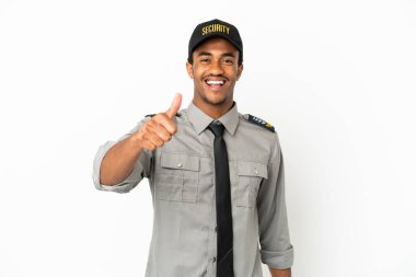 Afro-amerikan güvenlik önlemi beyaz arka plan üzerinde başparmaklar yukarı çünkü iyi bir şey oldu