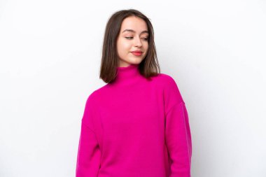 Beyaz arka planda izole edilmiş genç Ukraynalı bir kadın. Taraf ararken şüphe duyuyor.