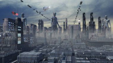 3D görüntüleme. Gelecekçi şehir ve uzay gemileri