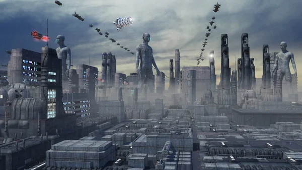 Renderowanie Futurystyczne Miasto Statki Kosmiczne — Zdjęcie stockowe