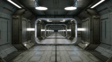 Infinite corridor inside a futuristic spaceship. 3D design clipart