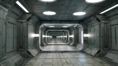 Infinite corridor inside a futuristic spaceship. 3D design clipart