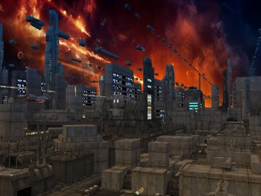 Üç boyutlu. Uçan uzay gemileriyle distopyan şehir manzarası