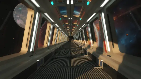 stock image Infinite corridor inside a futuristic spaceship. 3D design