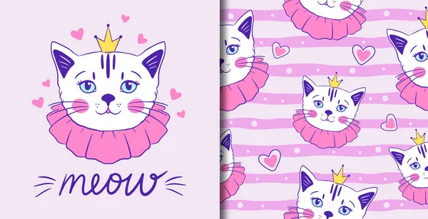 Süße Katzenprinzessin Print Und Nahtloses Muster Für Kleidung Oder Postkarte — Stockvektor