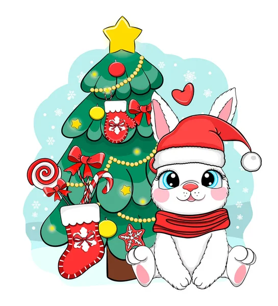 Árvore Natal Coelho Bonito Cartoon Vetor Impressão Cartão Saudação —  Vetores de Stock