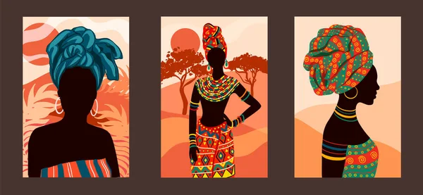 Manifesti Con Donne Africane Etniche Stile Boho Tribale Vettoriali Stock Royalty Free