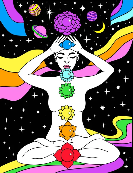 Woman Sitting Lotus Position Meditation Aura Chakras Vector Illustration — ストックベクタ