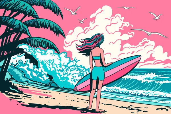 Surfer Girl Beach Woman Surfboard Vector Illustration — Stock Vector