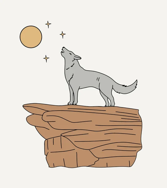 Coyote Está Parado Una Roca Aulla Luna Ilustración Retro Vector — Vector de stock