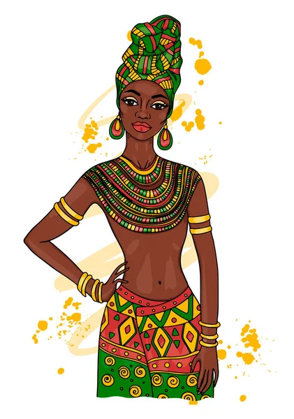 Όμορφη Αφρικανή Γυναίκα Φυλετικό Στυλ Boho Εικονογράφηση Διανύσματος — Διανυσματικό Αρχείο
