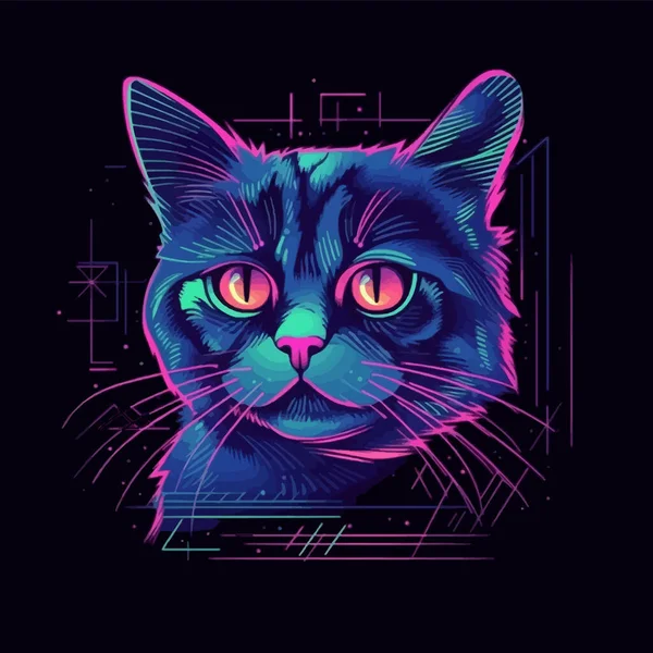 Retro Cyberpunkowy Kot Ilustracja Wektora Izolowana Czarno — Wektor stockowy