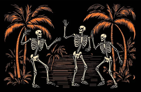 Los Esqueletos Bailan Playa Estilo Retro Ilustración Vectorial Vectores de stock libres de derechos