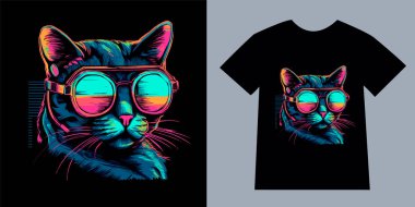 T-shirt vektör tasarımı için siber punk tarzı kedi baskısı