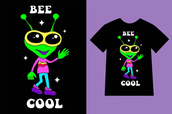 Cool Hippie Alien Print Para Diseño Camisetas Aislado Negro Ilustraciones de stock libres de derechos
