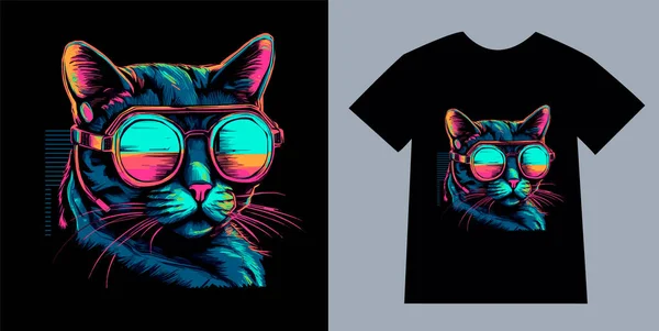 Shirt Vektör Tasarımı Için Siber Punk Tarzı Kedi Baskısı Stok Illüstrasyon