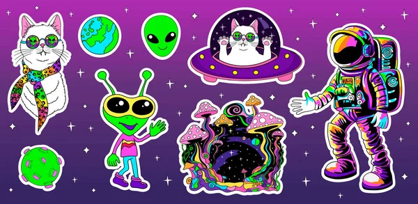 Astronauts Alien Space Cute Cat Psychedelic Mushrooms Stickers Cartoon — Stock Vector
