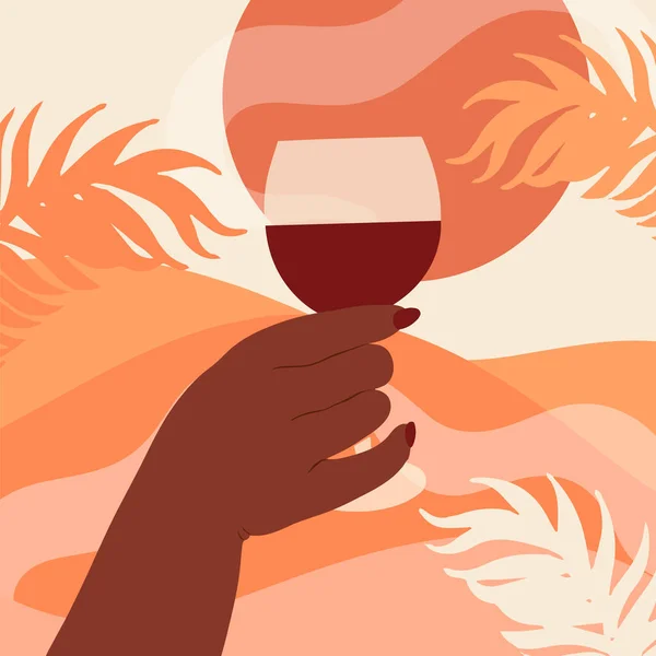 Bir Kadının Elindeki Bir Bardak Şarap Yaz Manzarasının Arka Planında Stok Illüstrasyon