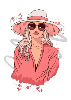 Şapka ve gözlüklü şık moda kızı, vektör yaz konsepti.