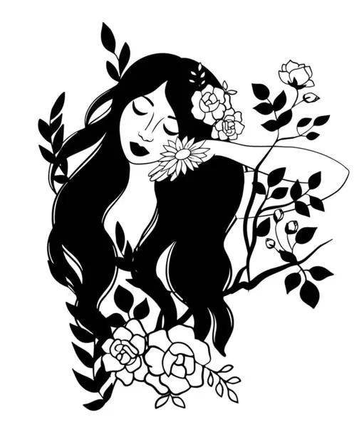 Mujer Con Flores Aisladas Sobre Fondo Blanco Logotipo Para Cosméticos Vector de stock
