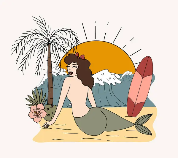 Cartaz Vetorial Retrô Com Uma Sereia Praia Com Uma Prancha Ilustração De Stock