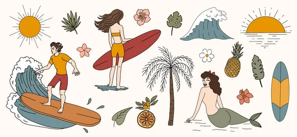 Conjunto Elementos Playa Vacaciones Surf Humor Verano Ilustraciones de stock libres de derechos