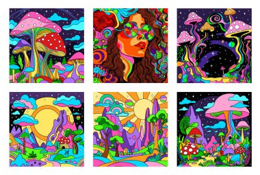 Retro psychedelic groovy manzara. gökkuşağı hippi arkaplan koleksiyonu