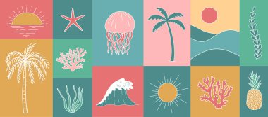 Yaz elementleri modern boho posterleri kolajı.