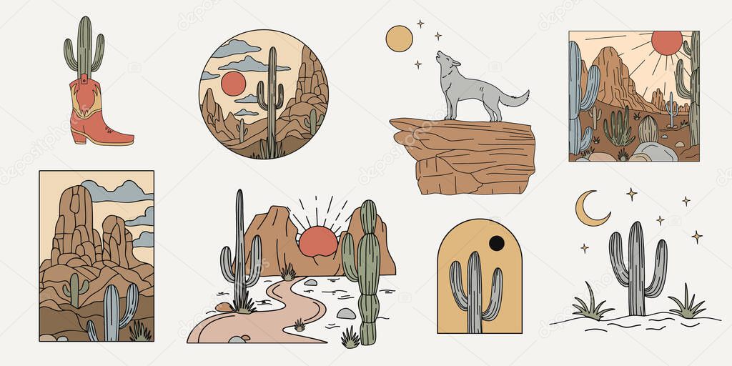 Wild west cartoon icons set. desert landscape with mountains and cactus, coyote, cowboy. retro