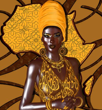 Güzel Afrikalı Kadın. Zarif, modaya uygun ve gururlu bir kadının dijital tasviri. Çeşitlilik, moda, güzellik ve ilham verici projeler için mükemmel.