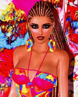 Örgülü saçlar. Saçları örgülü bir kadının canlı ve sanatsal görüntüsü. Saç, moda, kozmetik dans ve sanat projeleri için eşsiz dijital sanat yaratımı çok yönlü.