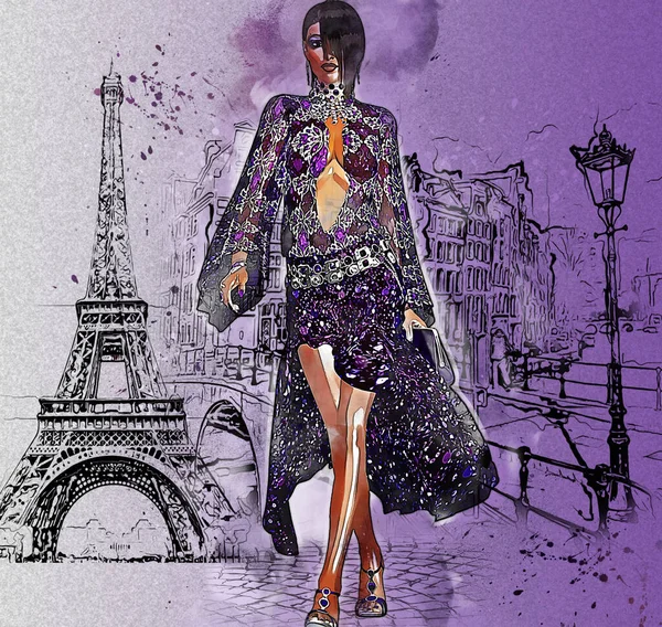 巴黎的时尚和美丽的景象 法国风格体现在这种集服装 化妆和背景风景为一体的电子数码艺术中 — 图库照片
