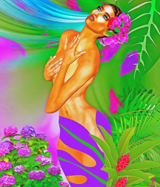 Bir kadının yüzü çiçeklerle, canlı renklerle ve güzellik, sanat ve moda temalı projeler için uygun soyut bir dijital sanat tasarımı yaratmak için birleştirilir..