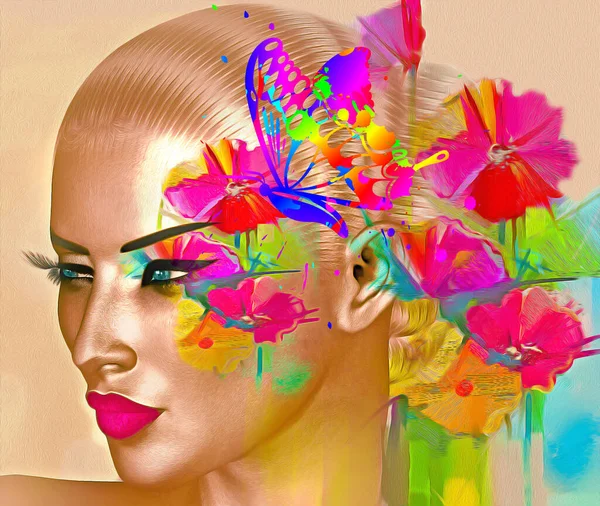 Rostro Una Mujer Combina Con Alegatos Florales Colores Vibrantes Mucho — Foto de Stock