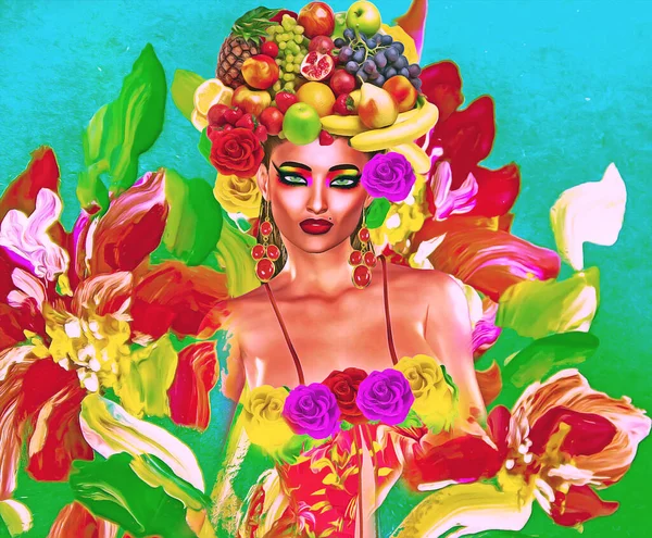 Das Gesicht Einer Frau Wird Mit Floralen Anordnungen Lebendigen Farben — Stockfoto