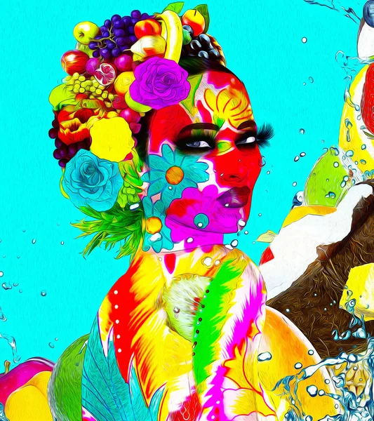 Das Gesicht Einer Frau Wird Mit Floralen Anordnungen Lebendigen Farben Stockbild