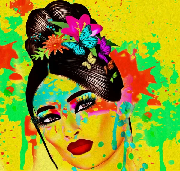 Das Gesicht Einer Frau Wird Mit Floralen Anordnungen Lebendigen Farben Stockfoto