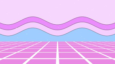 Retro stili 80 'ler-90' lar parti pastel renkli memphis modelleri. Gelecekçi şebeke manzarası. Dijital siber yüzey. 1980 'ler-1990' lar tarzında tasarım için uygun. 3B illüstrasyon