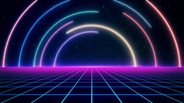 Retro stili 80-90 'ların neon arka planı. Gelecekçi Şebeke manzarası. Dijital Siber Yüzey. 1980-1990 'larda tasarım için uygundu. 3B illüstrasyon