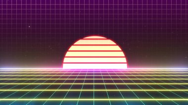 Retro stili 80 'ler-90' lar galaksi arka planı. Gelecekçi Şebeke manzarası. Dijital Siber Yüzey. 1980-1990 'larda tasarım için uygundu. 3B illüstrasyon