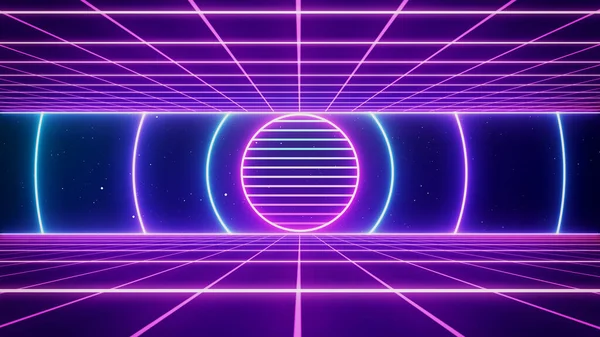 Retro style 80s-90s neon background. Futuristic Grid landscape. Digital Cyber Surface. Suitable for design in the style of the 1980s-1990s. 3D illustration
