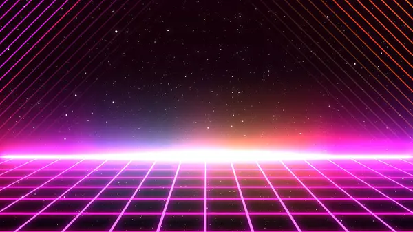 Retro style 80s-90s galaxy background. Futuristic Grid landscape. Digital Cyber Surface. Suitable for design in the style of the 1980s-1990s. 3D illustration