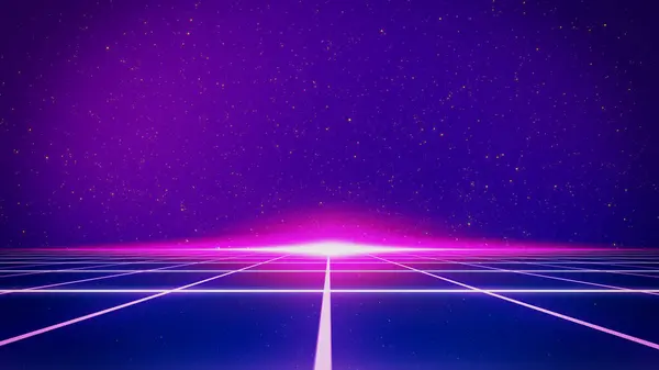 Retro style 80s-90s pattern galaxy background. Futuristic Grid landscape. Digital Cyber Surface. Suitable for design in the style of the 1980s-1990s. 3D illustration