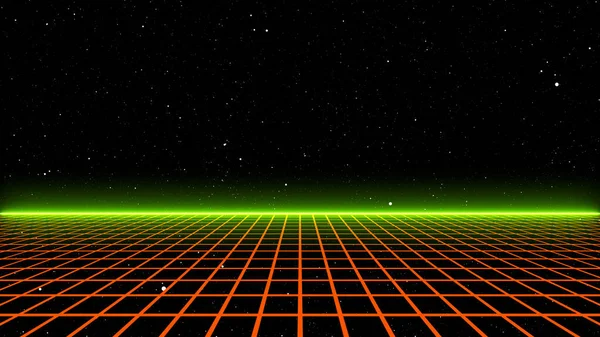 Retro style 80s video game background. Futuristic Grid landscape of the 80s. Digital Cyber Surface. Suitable for design in the style of the 1980s. 3D illustration