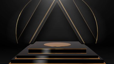 Siyah ve altın renkli 3 boyutlu podyum ürünleri standı. Kozmetik ürünleri sergilemek için uygun. 3B illüstrasyon