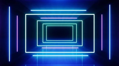 Retro siber punk tarzı 80 'ler. Siyah arka planda soyut Neon parlak mercek parlamaları. Lazer, reklam teknolojileri için renkli tasarım gösterdi