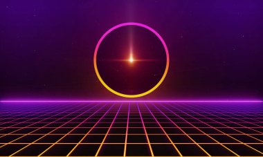 Retro Bilim-Kurgu Geçmişi 80 'lerin gelecekçi şebeke manzarası. Dijital Siber Yüzey. 1980 'lerin tarzında tasarım için uygun. 3B illüstrasyon