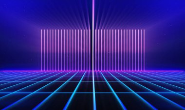 Retro stili 80 'lerin bilim-kurgu arka planı, lazer şebeke manzaralı gelecekçi. 1980 'lerin dijital siber yüzey tarzı. Üç boyutlu illüstrasyon. Pankart için