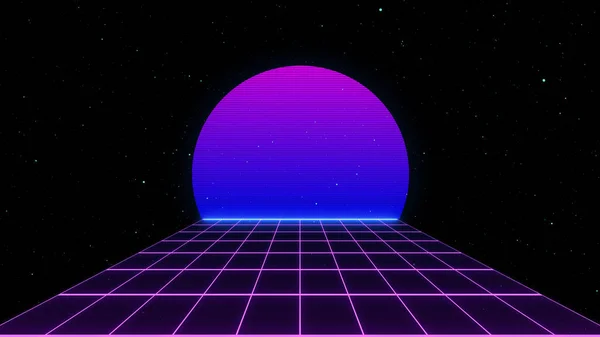 レトロスタイルの80年代のビデオゲームの背景 80年代の未来的なグリッドの風景 デジタルサイバー表面 1980年代のスタイルのデザインに適しています 3Dイラスト — ストック写真