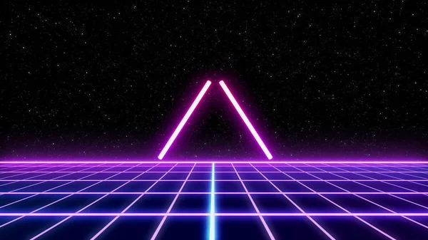 Retro style Sci-Fi future synthwave background. Futuristic Perspective Grid Landscape. Digital Cyber Surface. Suitable for design party flyer, banner, poster or cover style 80s or 90s. 3D illustration